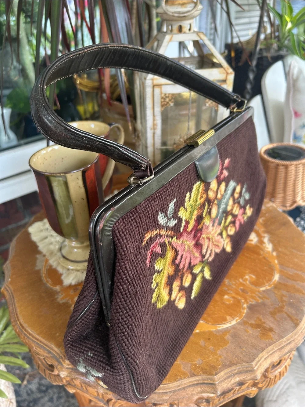 Vintage Brown Floral Leaf & Acorn Needlepoint Handbag